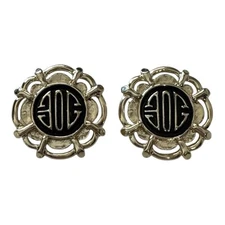 Vintage Goldtone Monogram Letter Style Wreath Round Clip On Earrings Black Gold