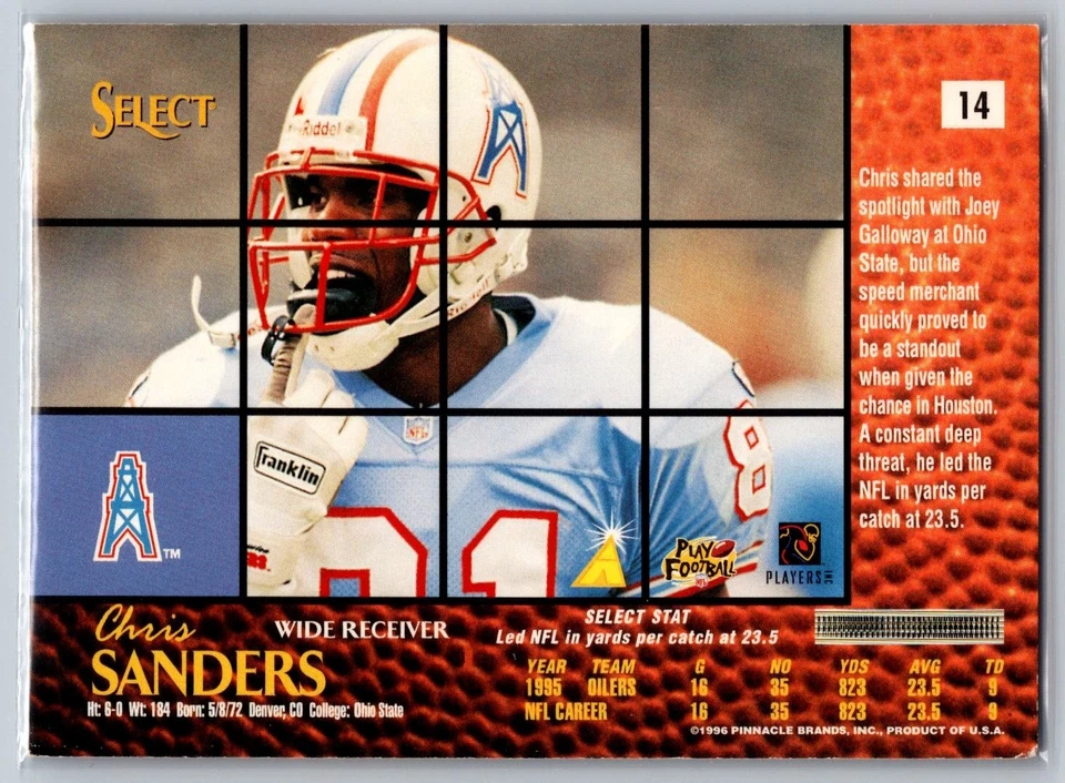 1996 Select - Chris Sanders #14 Houston Oilers NFL Football Card - Image 2 of 2