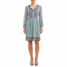 Time and Tru Dress Women's Size S Blue Printed Embroidered Peasant        --E1--
