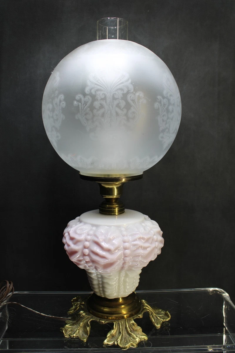 Fostoria White Satin Glass Puffy Drape Electric Oil Lamp includes Globe Chimney