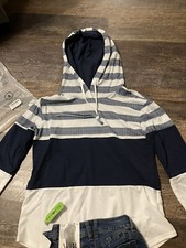 pullover hoodie women, Hooded Drawstring Shirt, Dark Blue And white Stripe, New