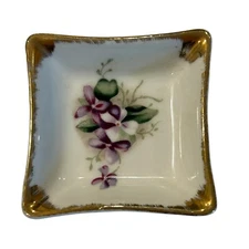 Fern Hand Painted Trinket Dish Violets Gold Trim Ceramic 2.5 X 2.5 inches Vtg