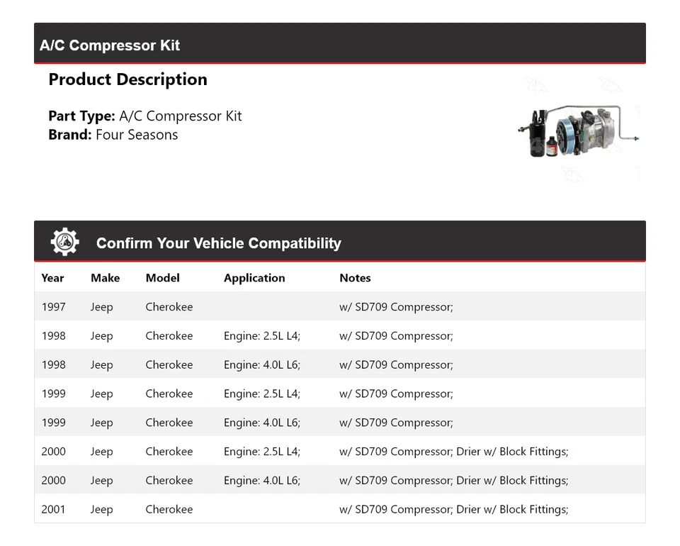 For 1997-2001 Jeep Cherokee A/C Compressor Kit 4 Seasons 1998 1999 2000 - Image 2 of 4