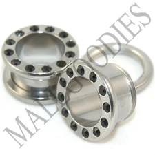 V020 Screw-on / Fit Surgical Steel Tunnels with Black CZ Ear Plugs 10G ~ 1" PAIR