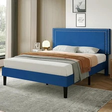 Queen Size Bed Frame with Adjustable Upholstered Headboard, Wooden Slats Platfor