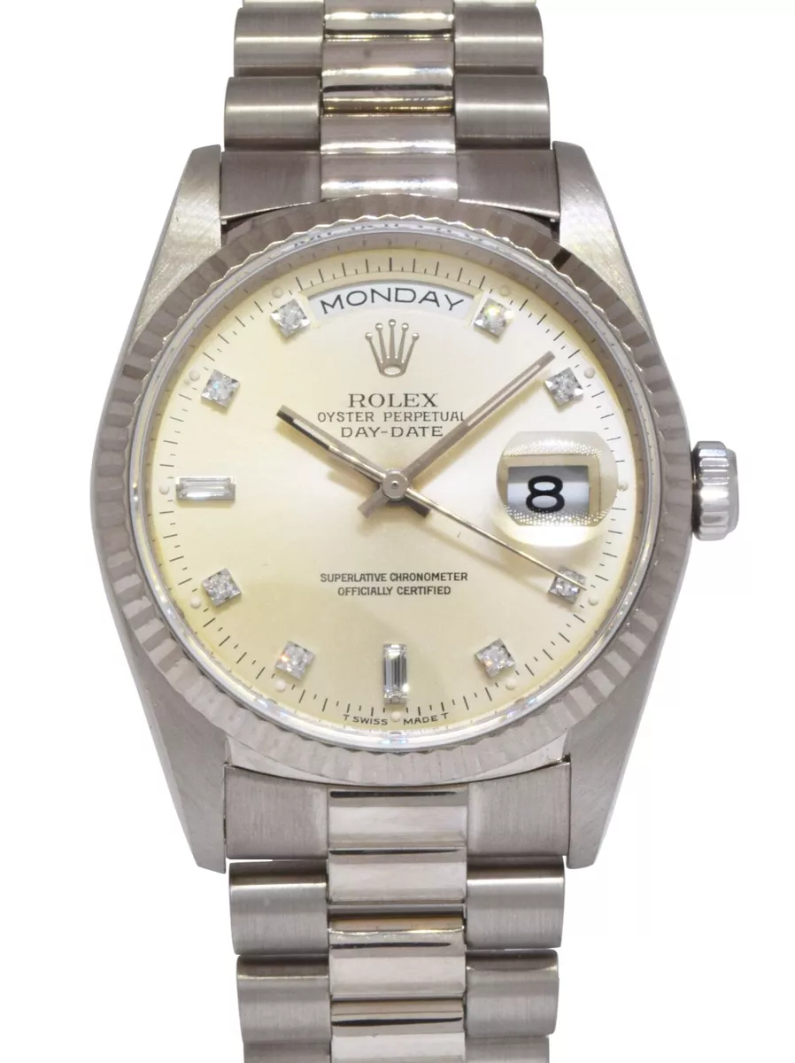 Rolex Day Date President 18k White Gold Silver Diamond Dial 36mm