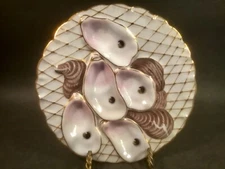 Antique Porcelain Turkey Oyster Plate w Pink Oyster Wells & Gold Net c.1842-1880