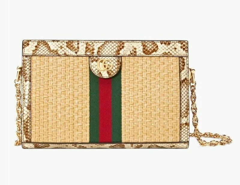 Gucci Raffia and Snakeskin GG Small Ophidia Chain Shoulder Bag New