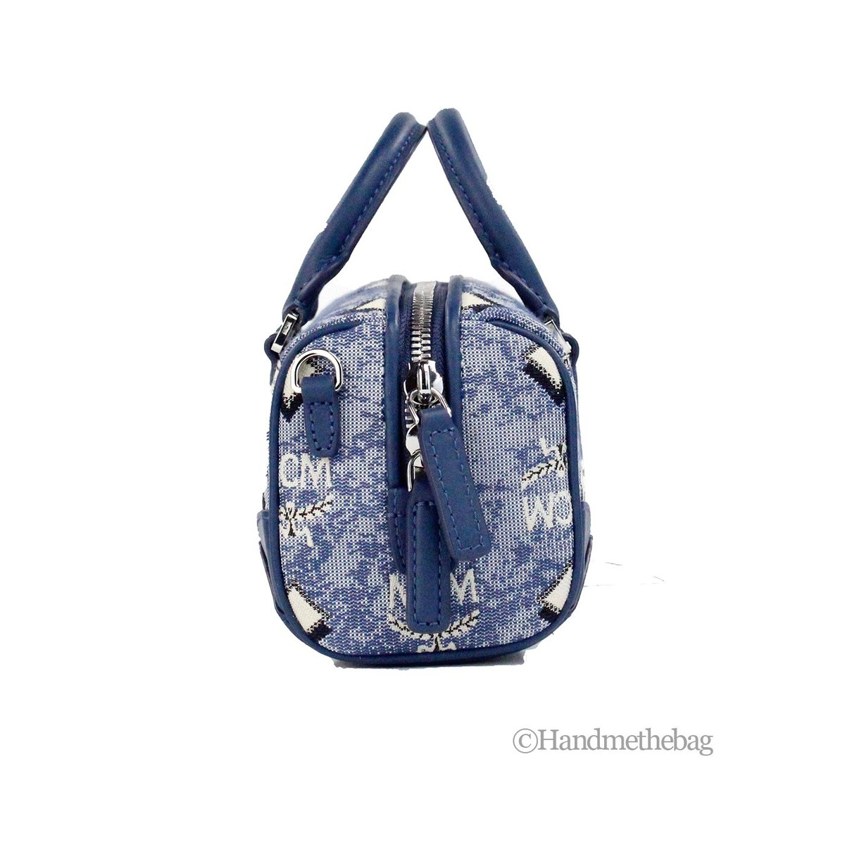 MCM Boston Mini Blue Vintage Jacquard Logo Fabric Satchel
