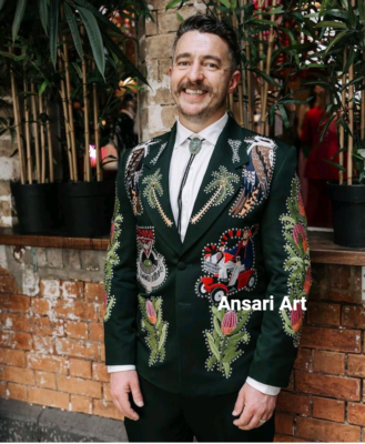 Men Dark Green 2Pc Bespoke Floral Rhinestone Embroidered