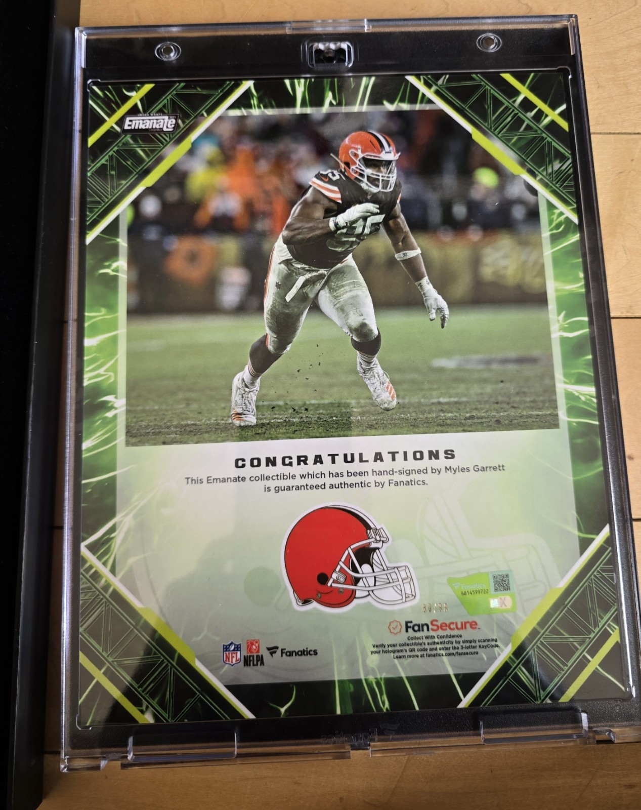 Myles Garrett Autographed Signed Cleveland Browns Fanatics Under Wraps Emanate 80/99 Auto Picture 8"10" 
