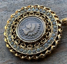1905 Indian Head Penny Pendant w/Rhinestones  Necklace--Free Ship