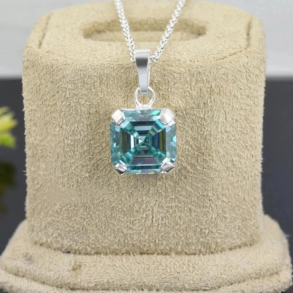 Certified 3.00 Ct Lab Grown Blue Diamond Asscher Solitaire Pendant 925 Silver - Image 3 of 4