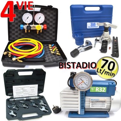 Profi Klimaset - Pumpe 70 L R32, 4-Wege Manometer Set, Schild
