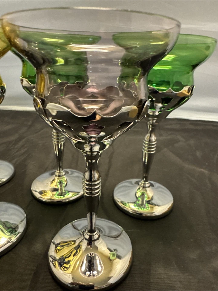 Lote de 6 taças de vinho Farber Bros Krome Kraft art déco forros de vidro Cambridge - Imagem 3 de 4