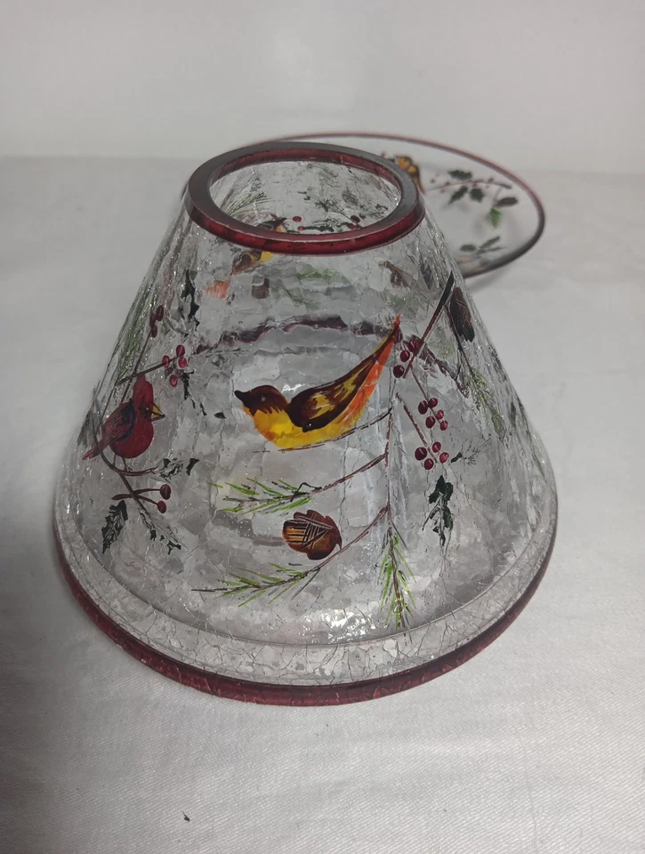 Yankee Candle Crackle Glass Winter Birds & Holly Votive Shade w Bottom Plate - Image 3 of 4