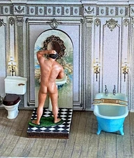 Exquisite 1/48th dolls house bathroom suite with male figure~Celia Mayfield