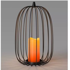 15" Lit Metal Pumpkin Lantern w/ Flickering Faux Candle
