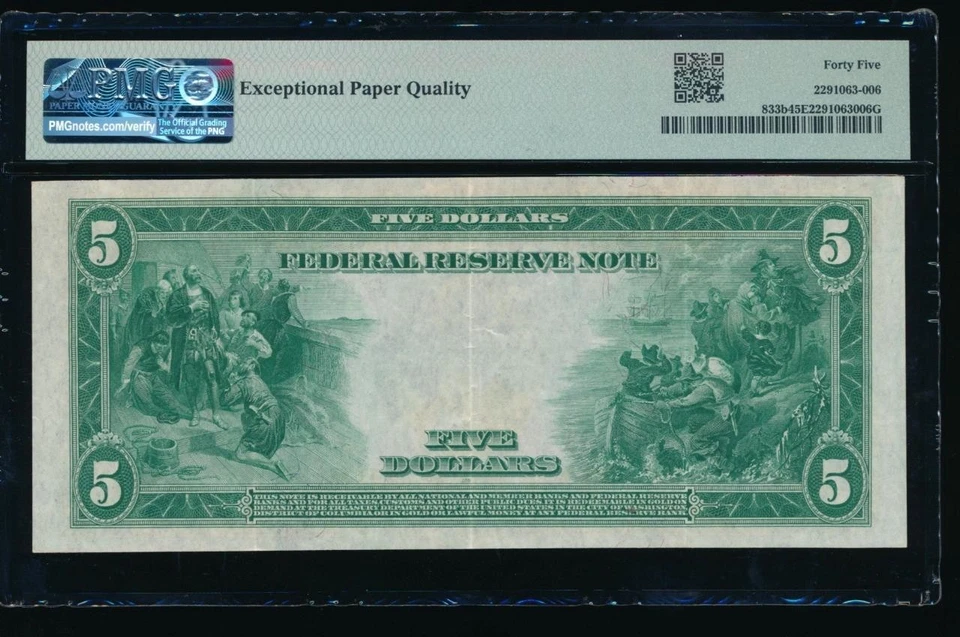 AC Fr 833b 1914 $5 New York FRN red seal PMG 45 EPQ - Image 2 of 2