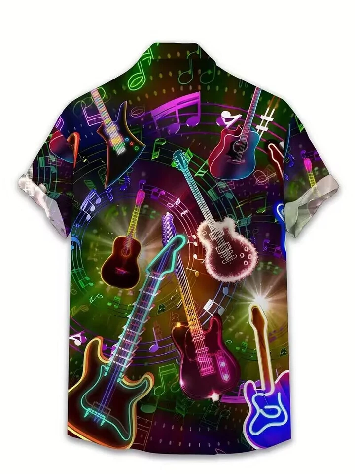 Camisa hawaiana abotonada con botones manga corta estampado guitarra de moda Foto 2 de 3