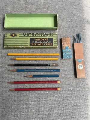 Vintage Microtomic Pencil Box, 7 Older Pencils & Eagle Turquoise Drawing Leads