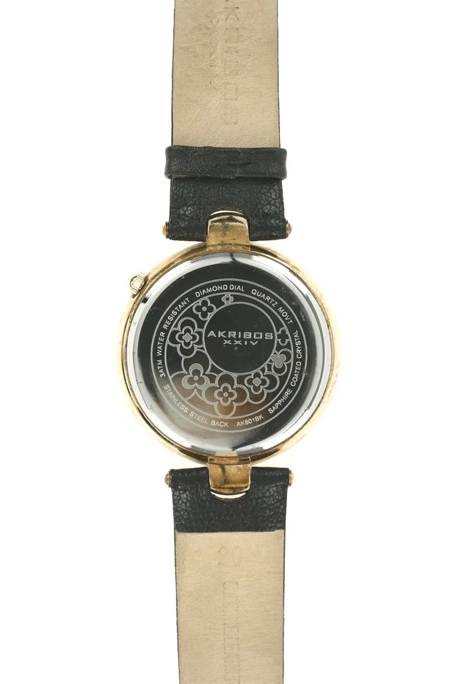 Akribos XXIV Women's Fiora Diamond Floral Black Leather Watch 137948 - Image 2 of 4