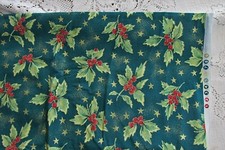 Christmas Quilting Fabric 22x44 Gold Green Holly Leaves Berries Stars Cotton