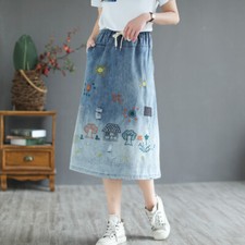 Lady Girls A Line Denim Skirt Embroidery Jean Drawstring Midi Length Cute Casual