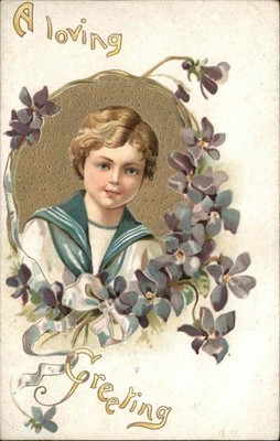 A Loving Greeting Young Boy Gilt Embossed c1900-20s Vintage Postcard