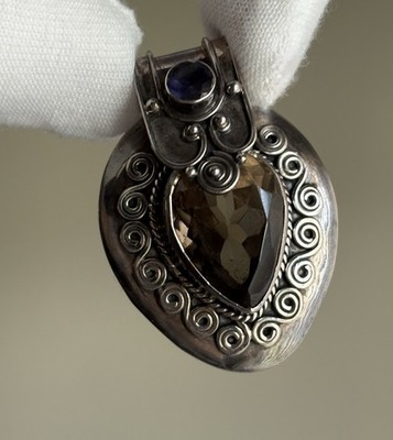 Vintage 925 Sterling Silver Smoky Quartz & Iolite Gemstone Pendant HUGE 20.5g