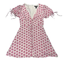 Sz S Pink White Floral Lace Up Mini Dress Milkmaid Romantic Prairie Coquette