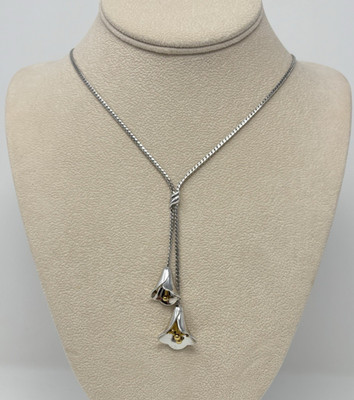 Vintage Avon Lariat Double Calla Lily Necklace Silver Two Tone Y Drop