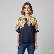Talbots Floral Print Top Woman 1X Blue Short Sleeve Casual Colorful Boho Comfy