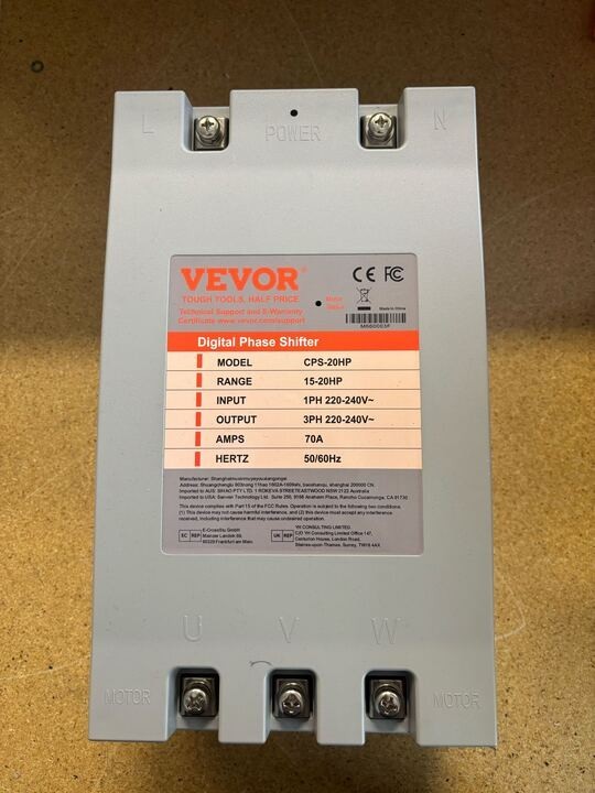 VEVOR 3 Phase Converter 20HP 70A 220V Single to 3 Phase 220V-240V Input/Output
