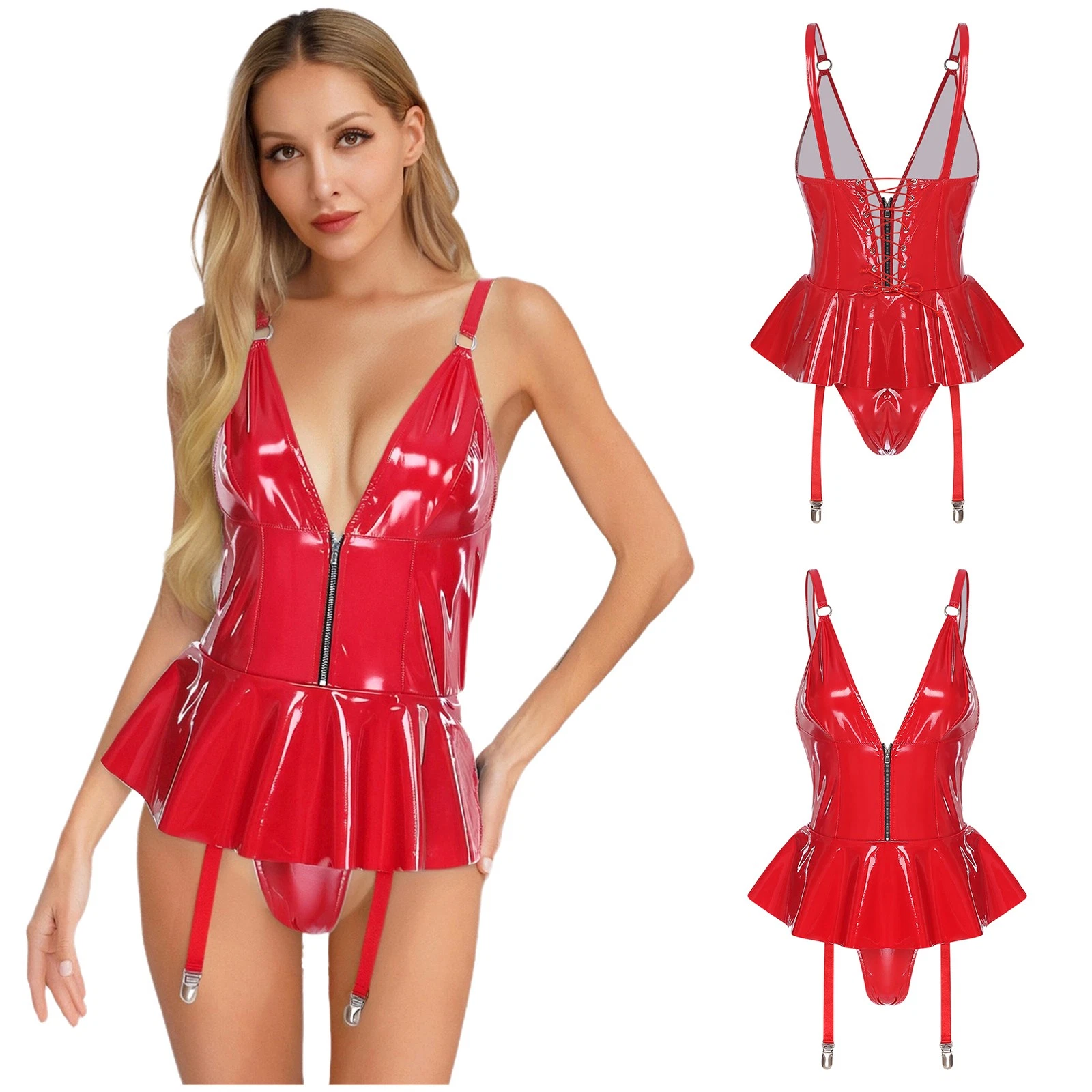 Abito donna pelle scollo V davanti zip dietro stringato clubwear per San Valentino