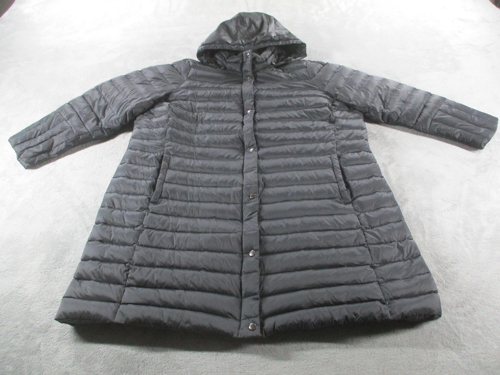 Lands End Coat Womens 2X Black Quilted Down Puffer Removable Hood Long Zip