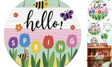 Hello Spring Sign Colorful Tulip Flowers Spring Wreath Sign for Front Door