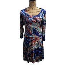 Karen Kane Art and Soul T Shirt Dress Blue Red Abstract Print Long Sleeve Size L