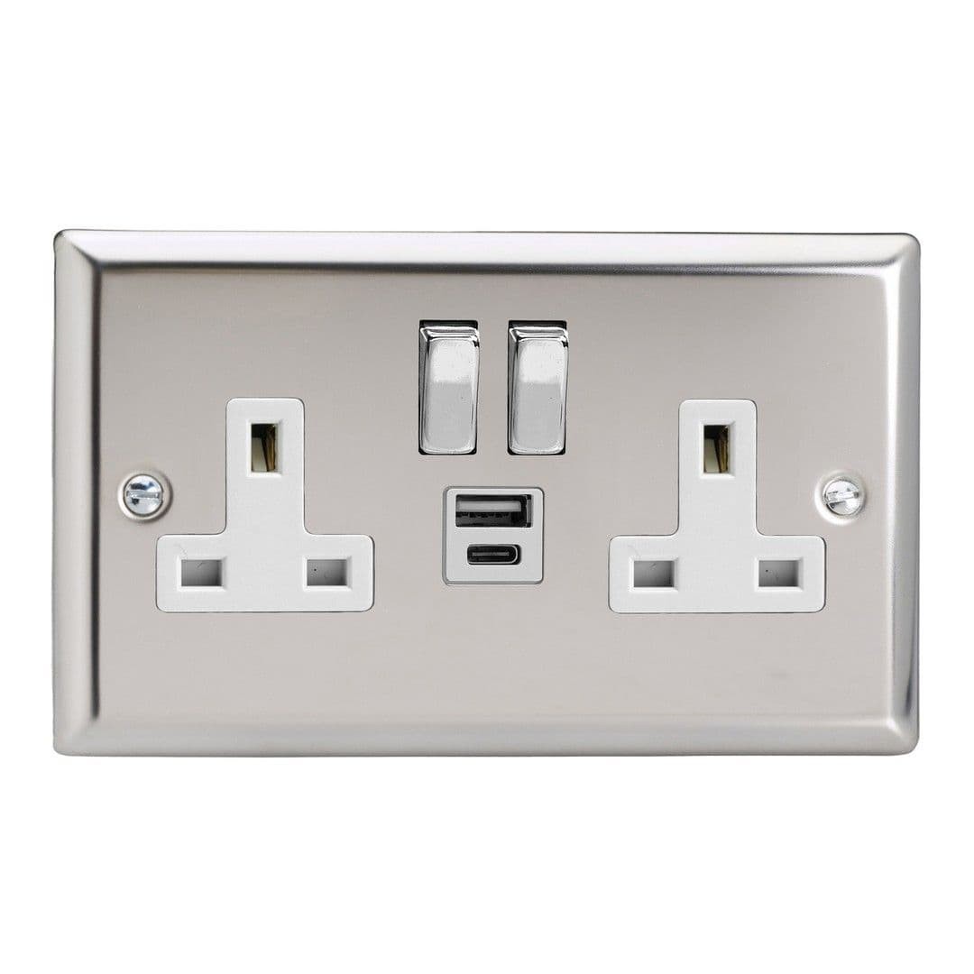 Varilight XC5UACDW Classic Mirror Chrome 2 Gang 13A USB A+C Plug Socket