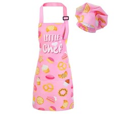 Kids Apron and Chef Hat Set, Funny Apron with 2 Pockets Pink, Little Chef