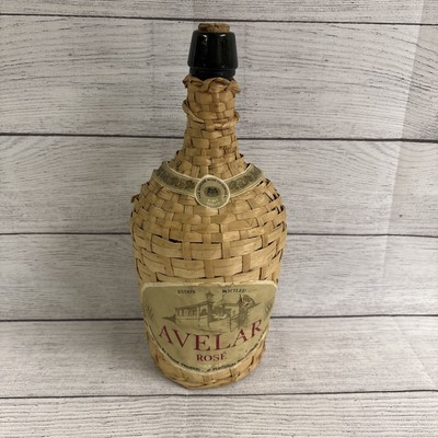 Vintage Wicker Covered Clear Wine Bottle with Rattan Handle Avelar Rose!!!