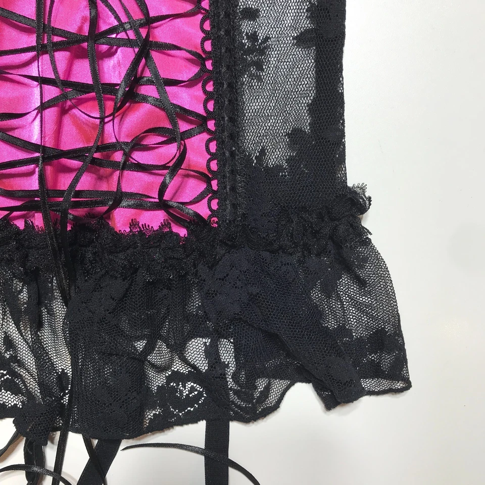 Leg Avenue Womens Satin Underwire Black & Pink Camigarter Lace Top Only Large - Image 4 of 4