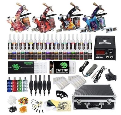 Beginner Complete Tattoo Kit 4 Machine Gun Power Supply Set Grip Tattoo Inks 
