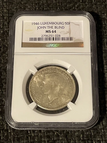 1946 LUXEMBOURG  Silver 50 Francs NGC MS64 John the Blind