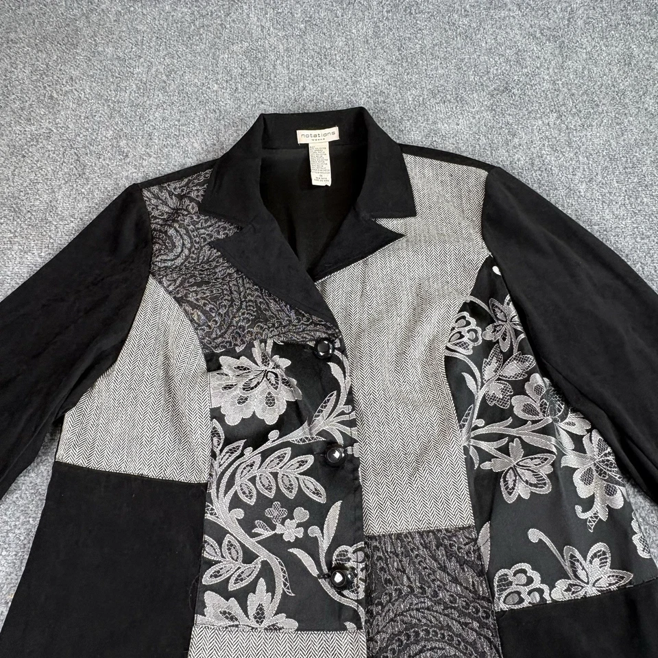 VTG Y2K Notations Patchwork Blazer  1X Black Gray Mixed Print Jacket Boho Artsy  - Image 2 of 4