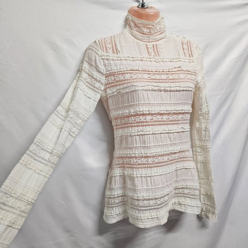 Blusa Cinq a Sept Antonia Cuello Alto Encaje Volantes Blanco S Marfil Mezcla Algodón - Imagen 6 de 14