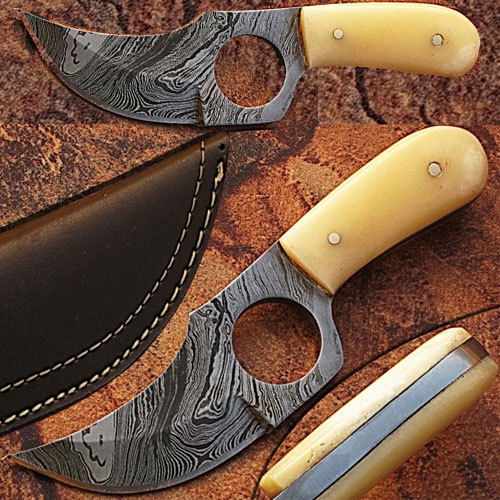 Ultra Clip Point Damascus Steel Skinner Knife w/Finger Hole Buffalo Bone Handle - Picture 2 of 2