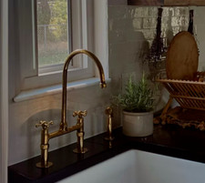 Unlacquered Antique Brass Kitchen Faucet - Solid Brass Bridge faucet and Sprayer