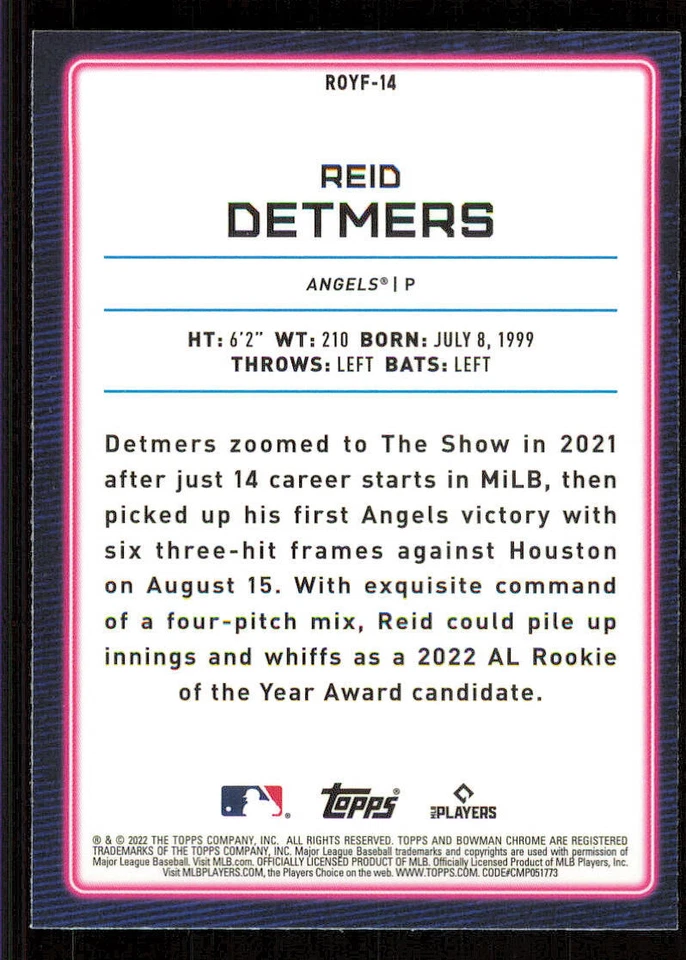 2022 Bowman Chrome Rookie of the Year Favorites #ROYF14 Reid Detmers - Image 2 of 2