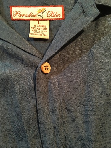Paradise Blue BUTTON DOWN Rayon SHORT SLEEVE SHIRT LARGE Blue w Palm Trees 344 - Picture 5 of 11